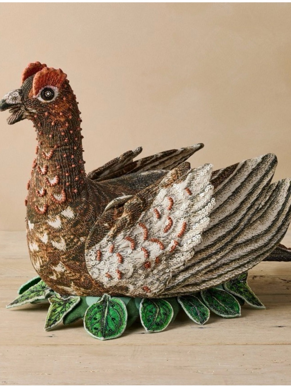 John Derian Beaded Brown and Green Decorative Grouse Accent 16in
